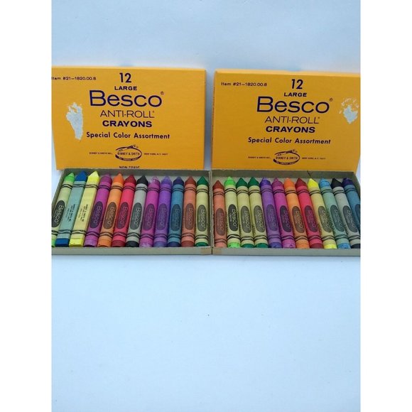 VTG New 2 Boxes Besco #21 Binney Smith anti-roll Large crayola type Crayons - Picture 1 of 6